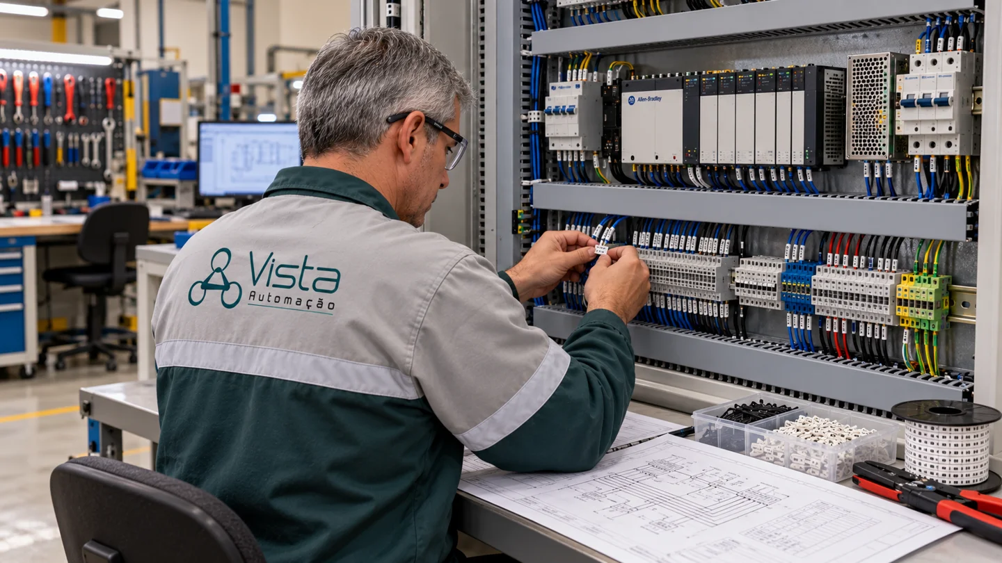 Cena ilustrativa de montagem e identificação de componentes em painel de automação desenergizado