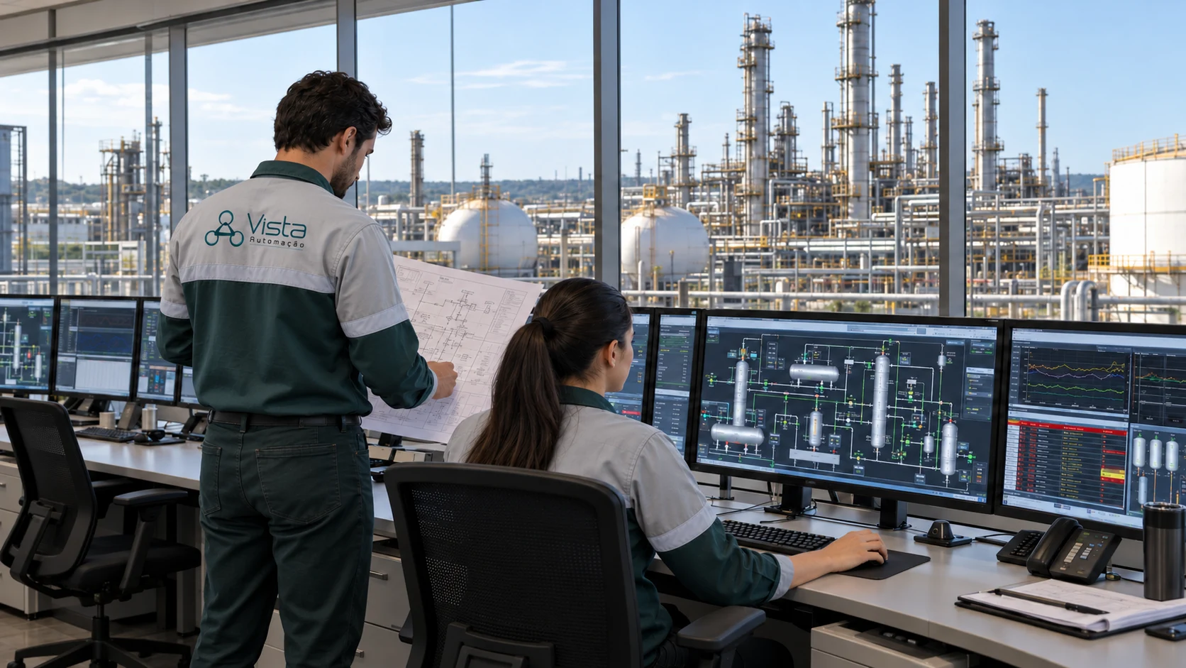 Cena ilustrativa de especialistas da Vista acompanhando um processo petroquímico em sala de controle