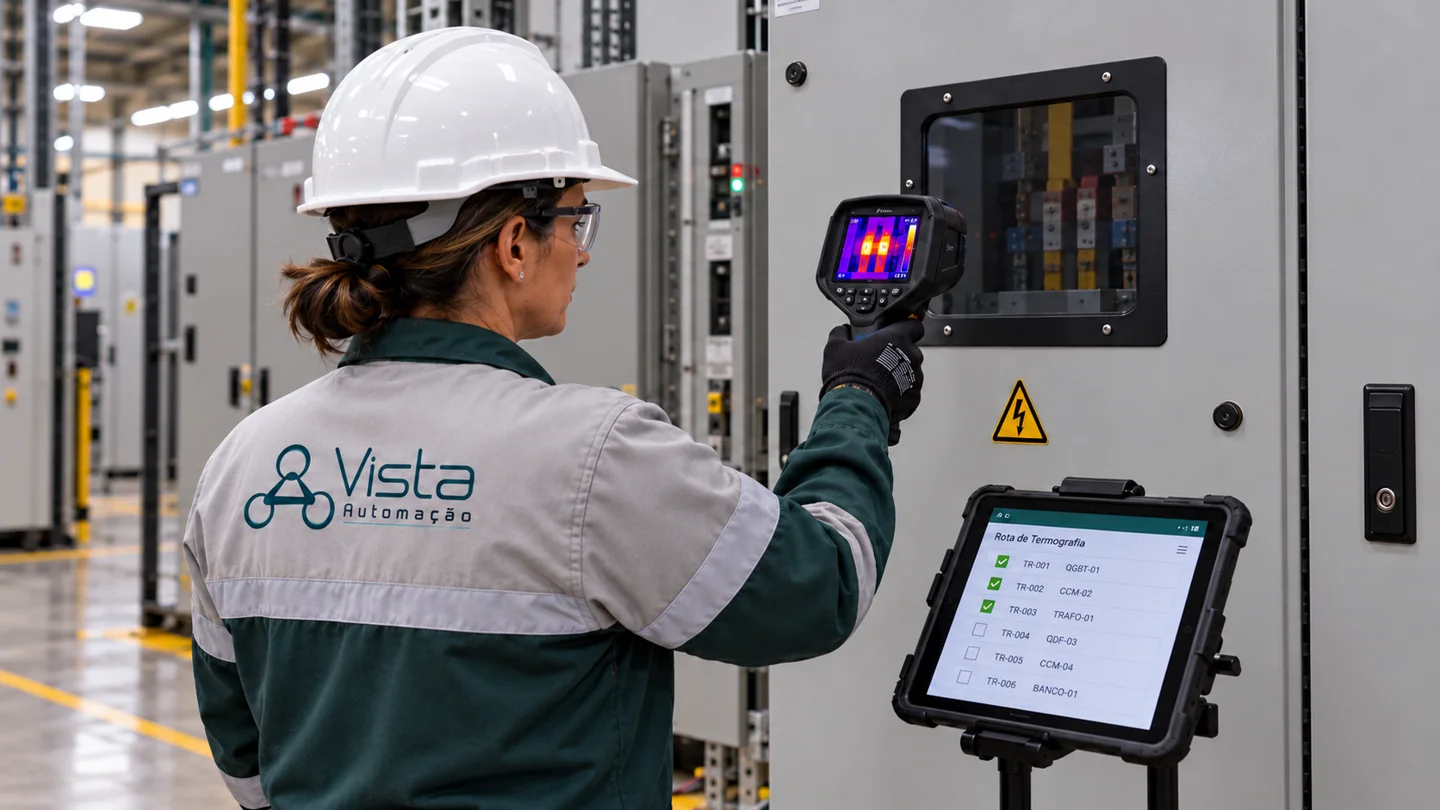 Cena ilustrativa de termografista Vista em rota de inspeção de painéis industriais