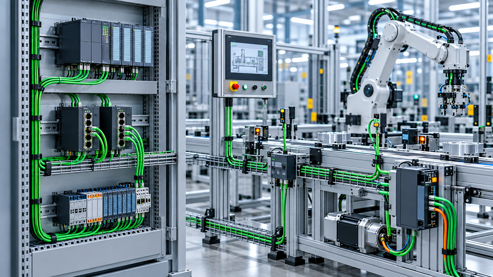 Célula de automação com controladores e infraestrutura Ethernet industrial
