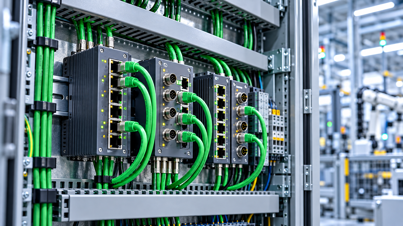 Switches e conectores de rede industrial integrados a painel de automação