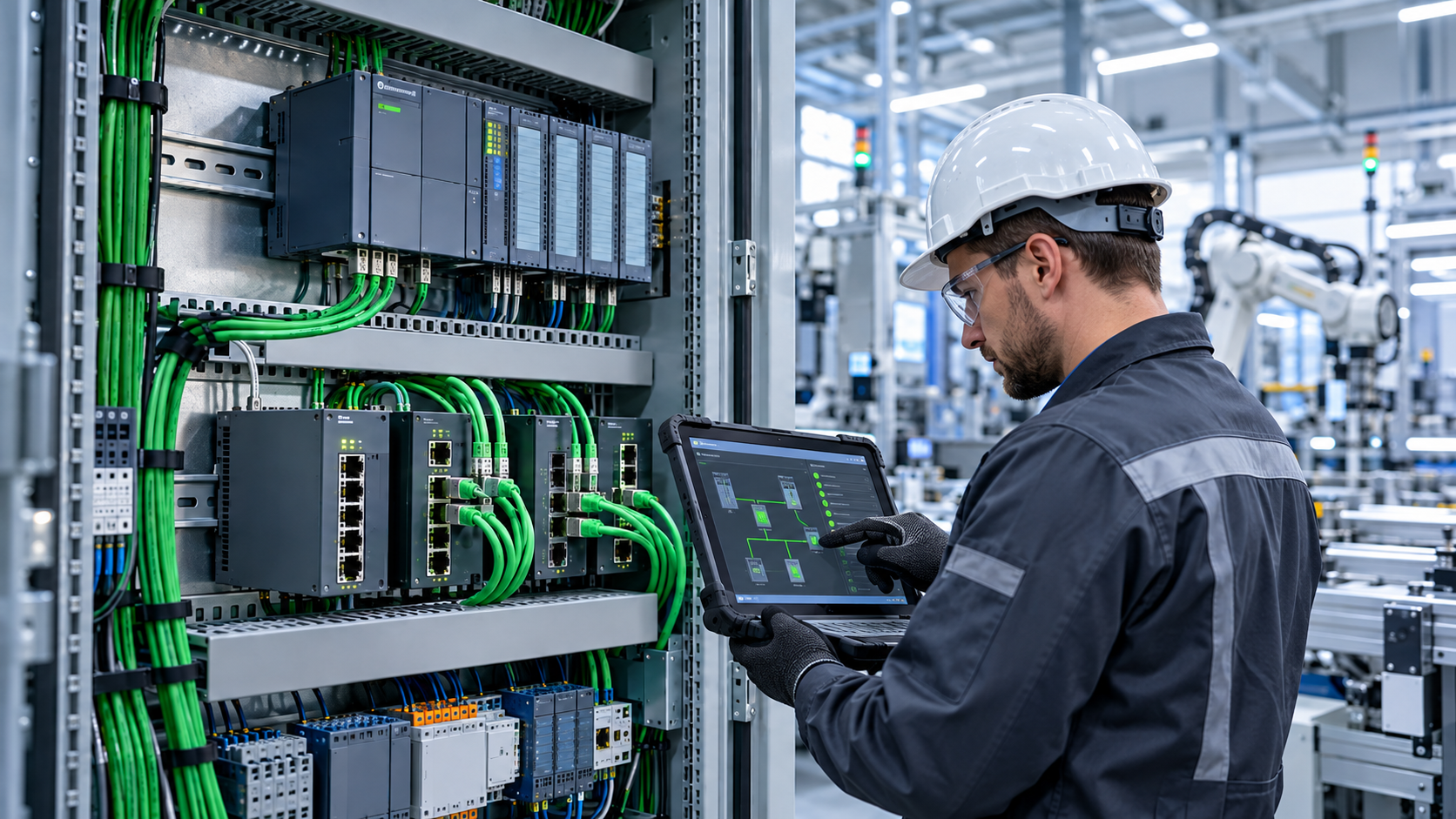 Profissional analisando indicadores de comunicação de uma rede industrial