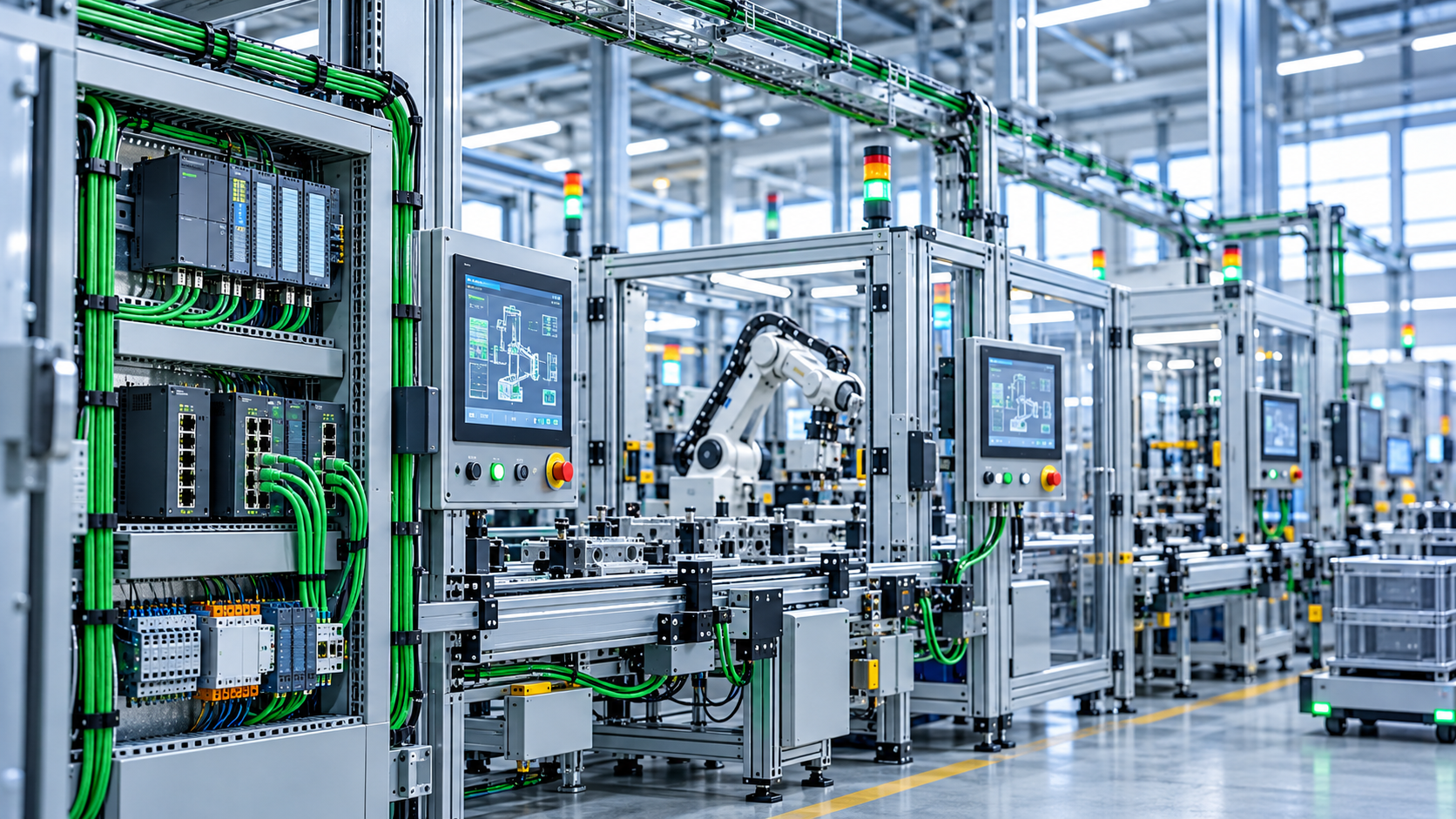 Linha de produção automatizada com controladores e dispositivos de campo conectados