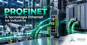 PROFINET na indústria: equipamentos de comunicação Ethernet industrial com cabos verdes em uma planta automatizada