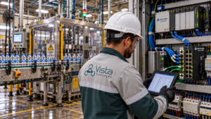 Técnico de automação com uniforme da Vista, capacete branco, realizando diagnóstico de painel de controle industrial Rockwell Allen-Bradley